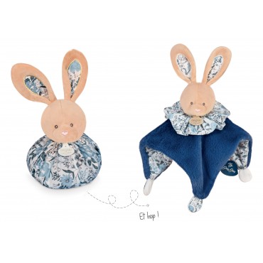 Doudou boule lapin cocon et balle d'éveil motif bleus