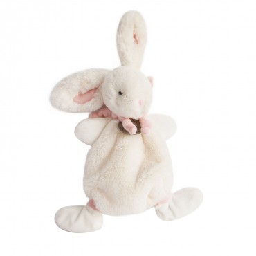 doudou plat lapin rose de la collection "lapin bonbon" de doudou et compagnie. doudou lapin blanc avec noeuds roses