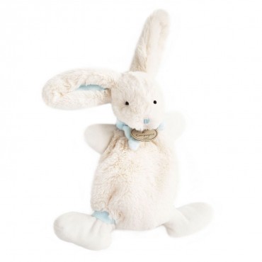 doudou plat lapin bleu de la collection "lapin bonbon" de doudou et compagnie. doudou lapin blanc avec noeuds bleus