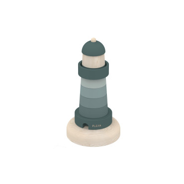 Tour à empiler en bois pour bébé en forme de phare de la marque Flexa. Couleur bleue