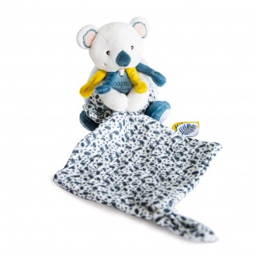 yoca le koala de doudou et compagnie, Peluche koala avec doudou carré jaune et bleu