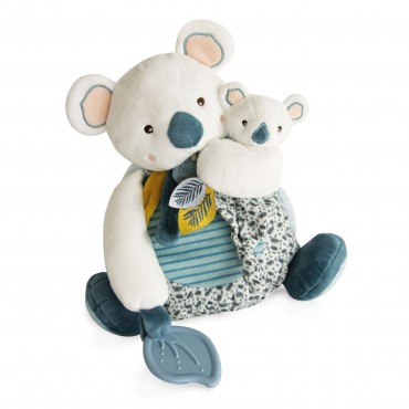 Peluche Koala maman et bébé jaune et bleu avec anneau de dentition doudou et compagnie yoca le koala
