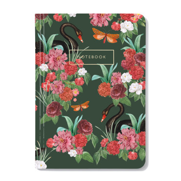 carnet A5 motif cygnes noirs et fleurs