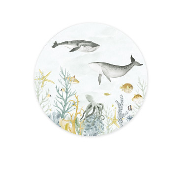 Papier peint rond océan, avec de magnifiques illustrations des fonds marins : baleines, poissons et coraux…