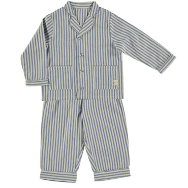 Pyjama 2 pièces enfant à rayures bleu et blanc boutonnés sur le devant avec des poches