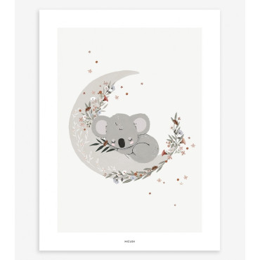 Affiche Koala endormi sur la lune et fleurs