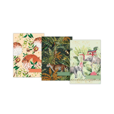 Set de 3 carnets : un cahier avec des poissons, un avec des animaux sauvages et un avec des éléphants.