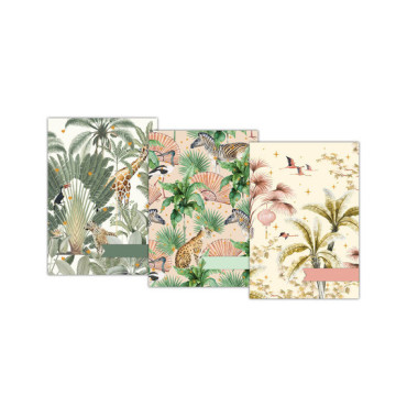 set de 3 carnets A5 avec d flamants roses, des animaux sauvages et  des zèbres et des lynx.