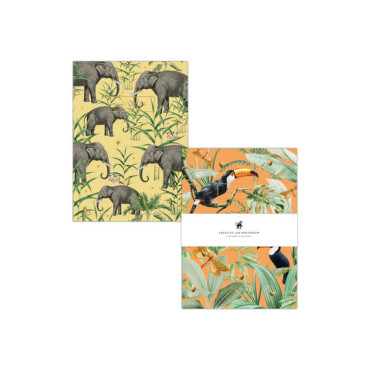 Lot de 2 carnets A5 comprend un cahier motif éléphant sur fond jaune et un cahier motif toucans sur fond orange.