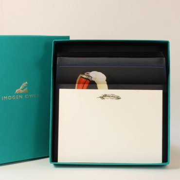 Set de 10 Cartes de correspondance chic à en-tête et enveloppes doublées design Toucan et plume dorée Imogen Owen