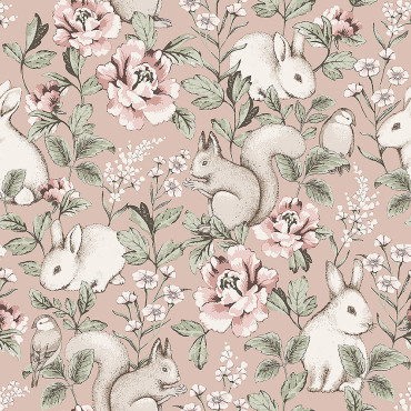 papier peint bucolique avec lapins et écureuils dans les tons verts et roses