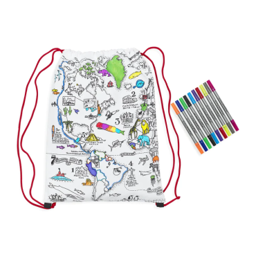 Sac à dos cordon à colorier. Motif Carte du Monde pour futur globe trotter.