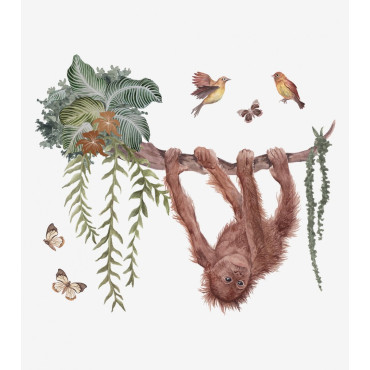 Sticker mural jungle avec ce bel orang-outan suspendu à sa branche style aquarelle