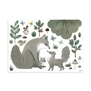 Sticker mural renard gris et décor forêt