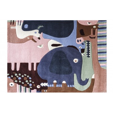 Tapis animaux puzzle éléphant crocodile coloré rose vert bleu 120x140 cm