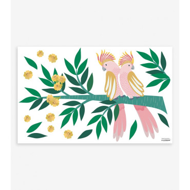 Sticker mural tropical avec un duo de cacatoès roses posés sur une branche