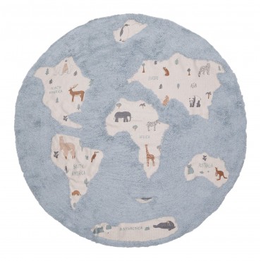 Tapis rond carte du monde océan bleu diamètre 140cm 60% coton 40% poyester