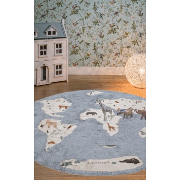 Tapis rond carte du monde océan bleu diamètre 140cm 60% coton 40% poyester