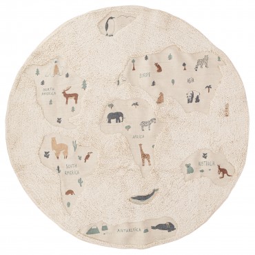 Tapis rond carte du monde océan beige diamètre 140cm 60% coton 40% poyester