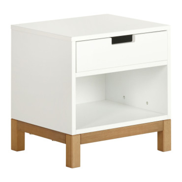 Table de chevet Indigo Quax blanc et bois 

Avec tiroir et niche de rangement