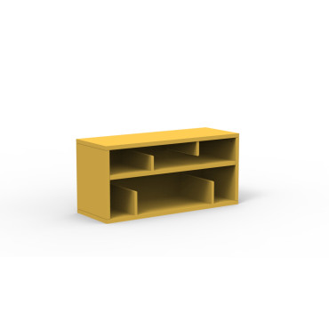 Bibliothèque enfant  jaune moutarde avec casier et banc de rangement