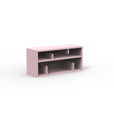 Bibliothèque enfant rose clair avec casier et banc de rangement