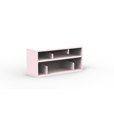 Bibliothèque enfant rose clair avec casier et banc de rangement