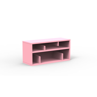 Bibliothèque enfant rose avec casier et banc de rangement