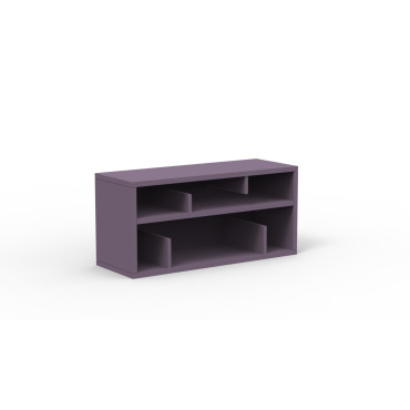 Bibliothèque enfant violette avec casier et banc de rangement