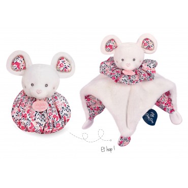 Doudou boule souris cocon et balle d'éveil motif roses